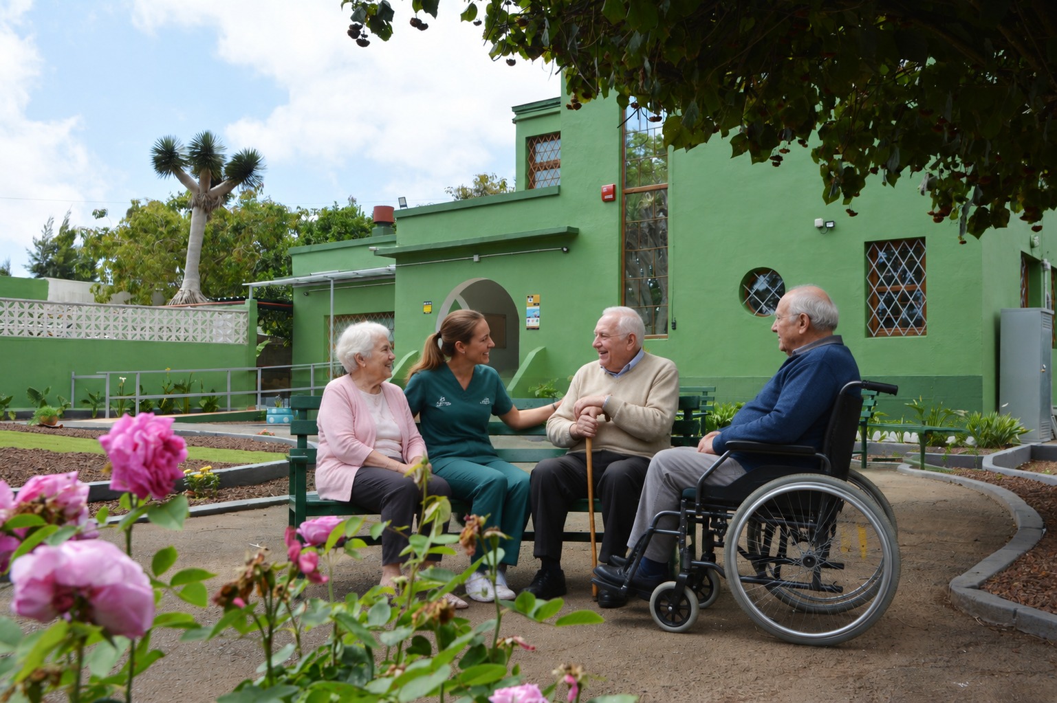 Personas mayores acompañadas por una profesional en el jardín de la residencia
